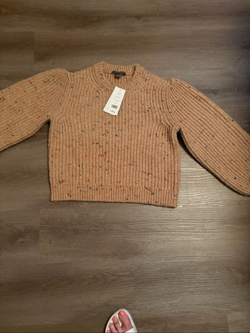 French Connection Tan Speckled Ribbed Puff-Sleeve Sweater